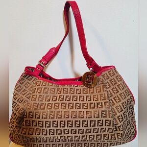 Fendi Zucca Baguette Tote Bag Brown/Pink Leather Trim